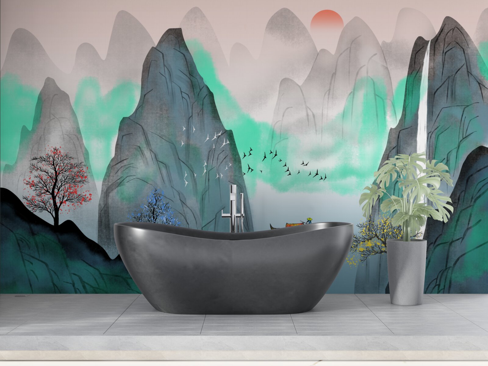 Fotobehang zonsondergang in de abstracte bergen