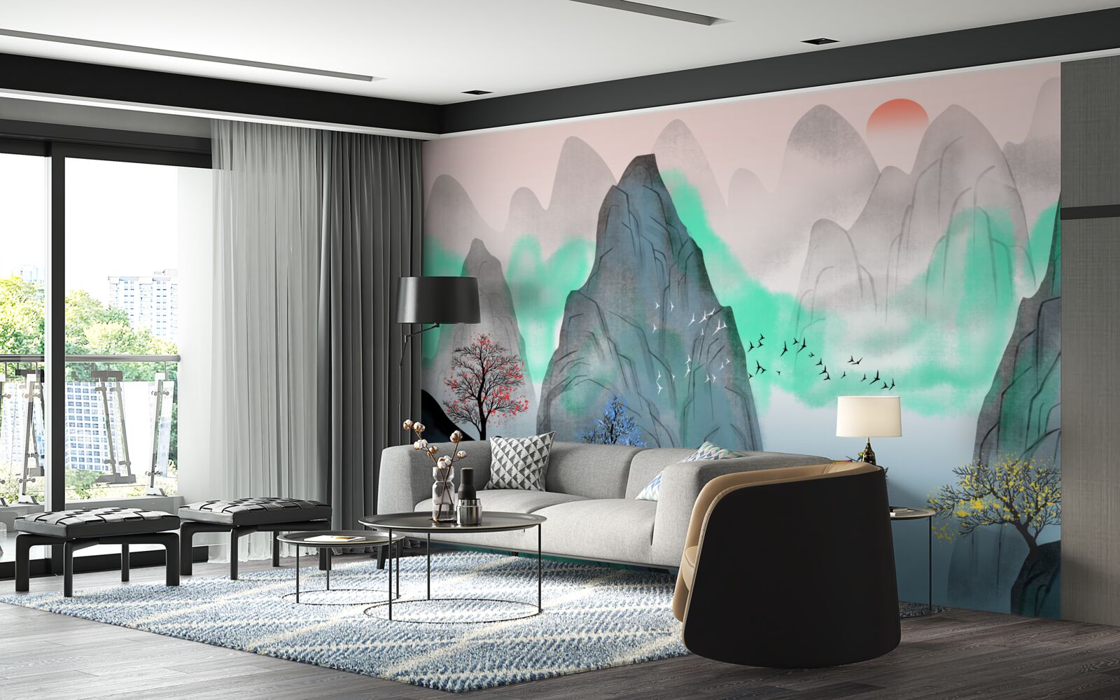 Fotobehang zonsondergang in de abstracte bergen