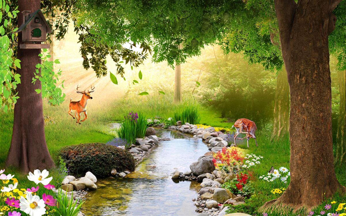 Fotobehang hertenkamp naast de bosrivier