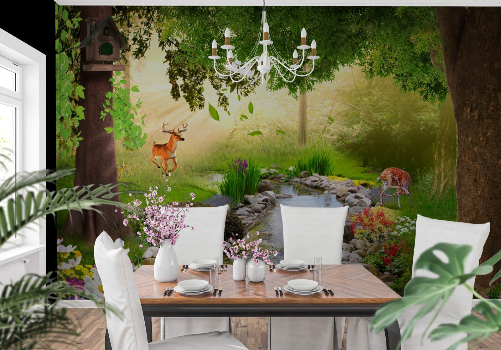 Fotobehang hertenkamp naast de bosrivier