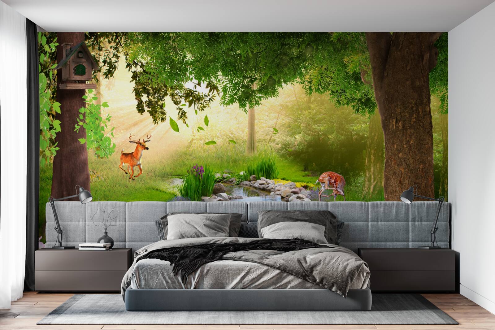 Fotobehang hertenkamp naast de bosrivier