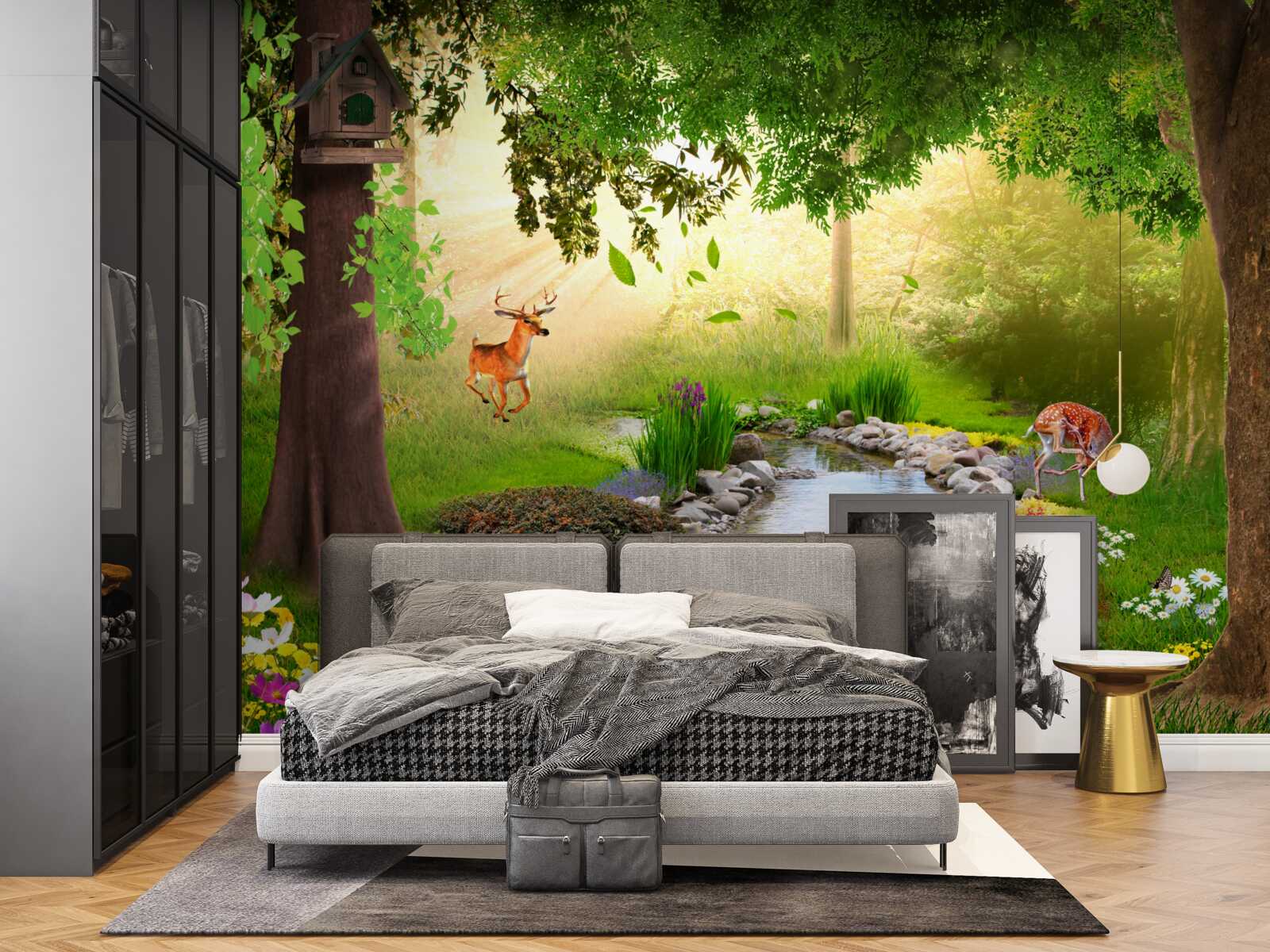 Fotobehang hertenkamp naast de bosrivier