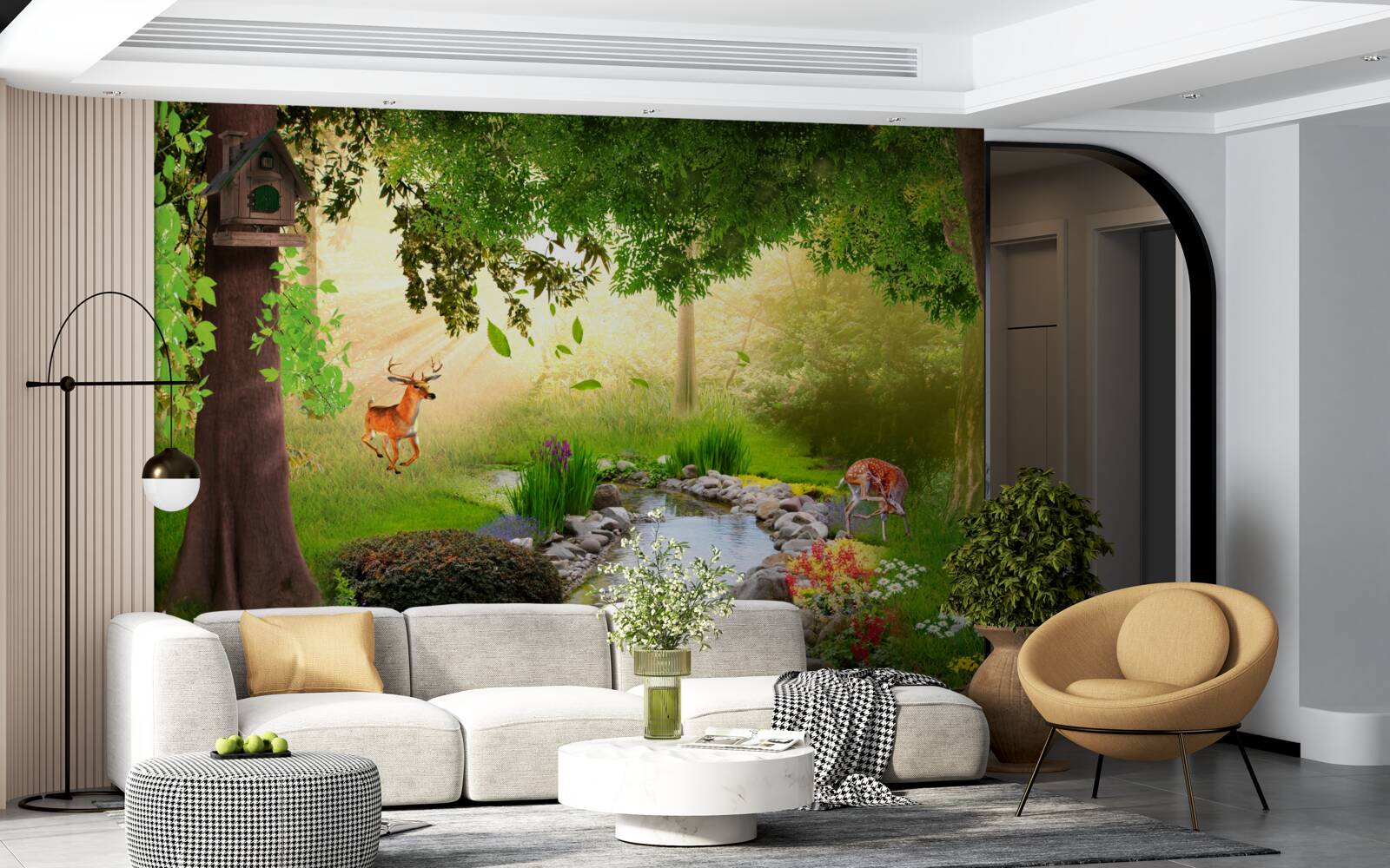 Fotobehang hertenkamp naast de bosrivier