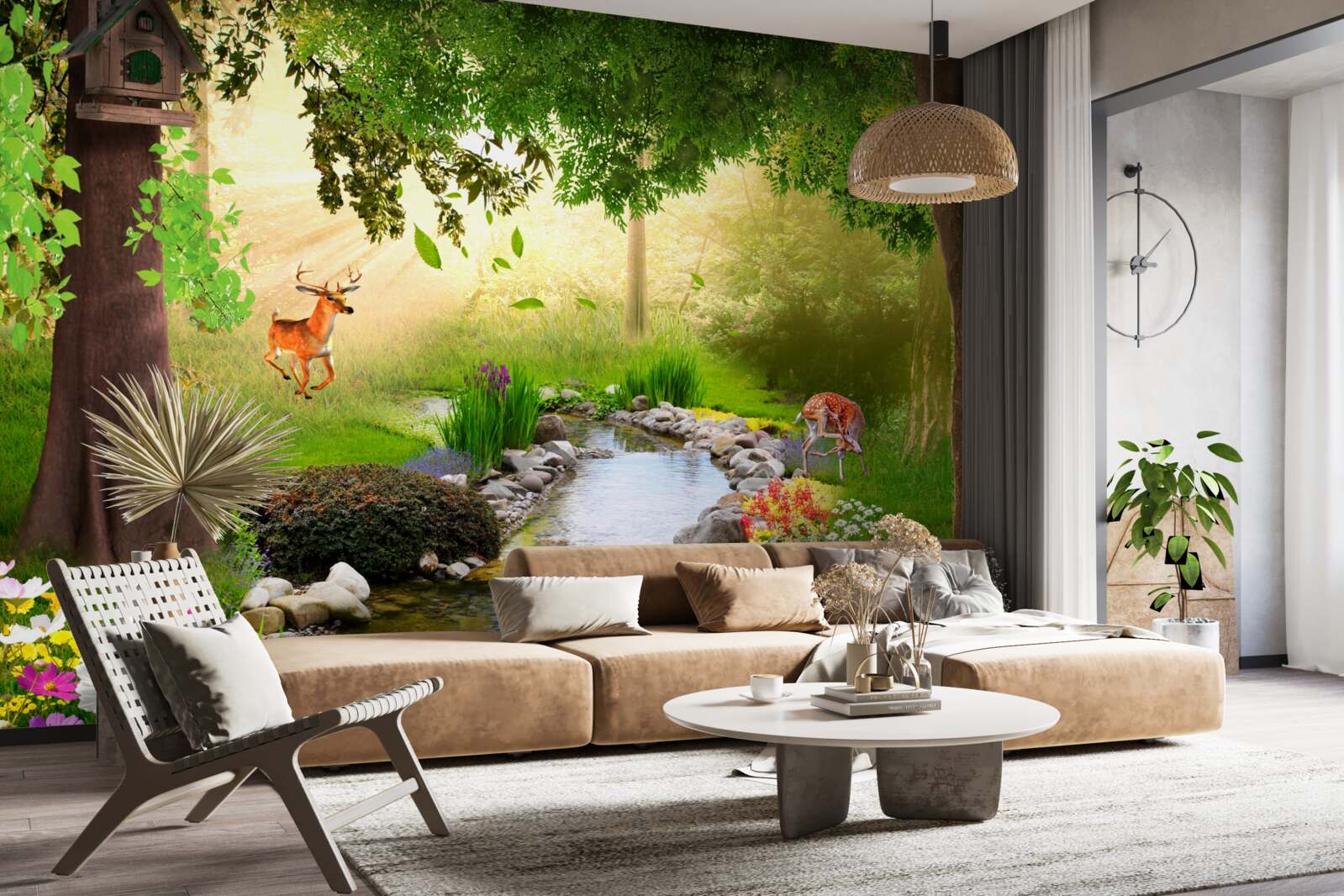 Fotobehang hertenkamp naast de bosrivier