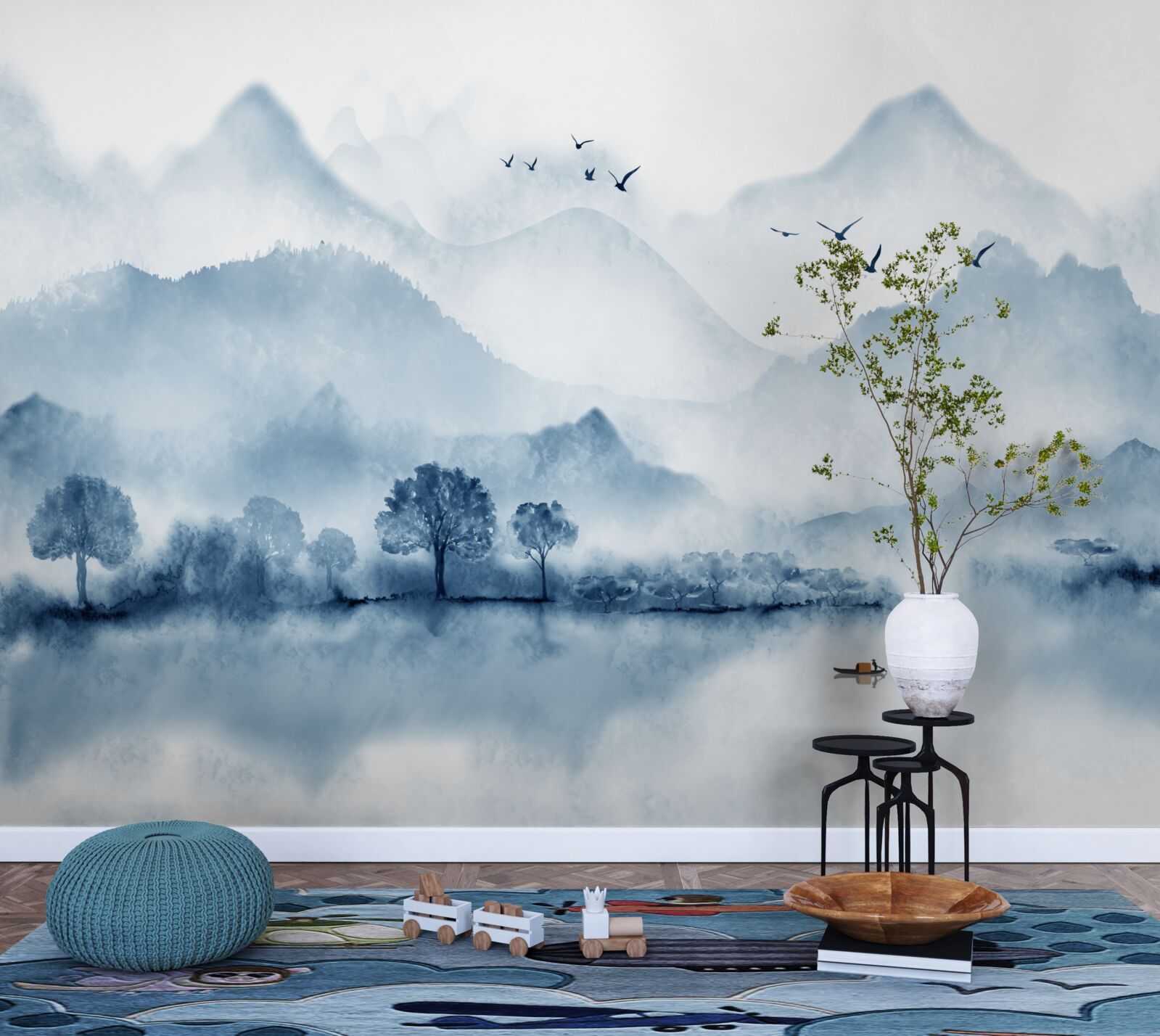 Fotobehang rust en stilte op een visvijver in de bergen