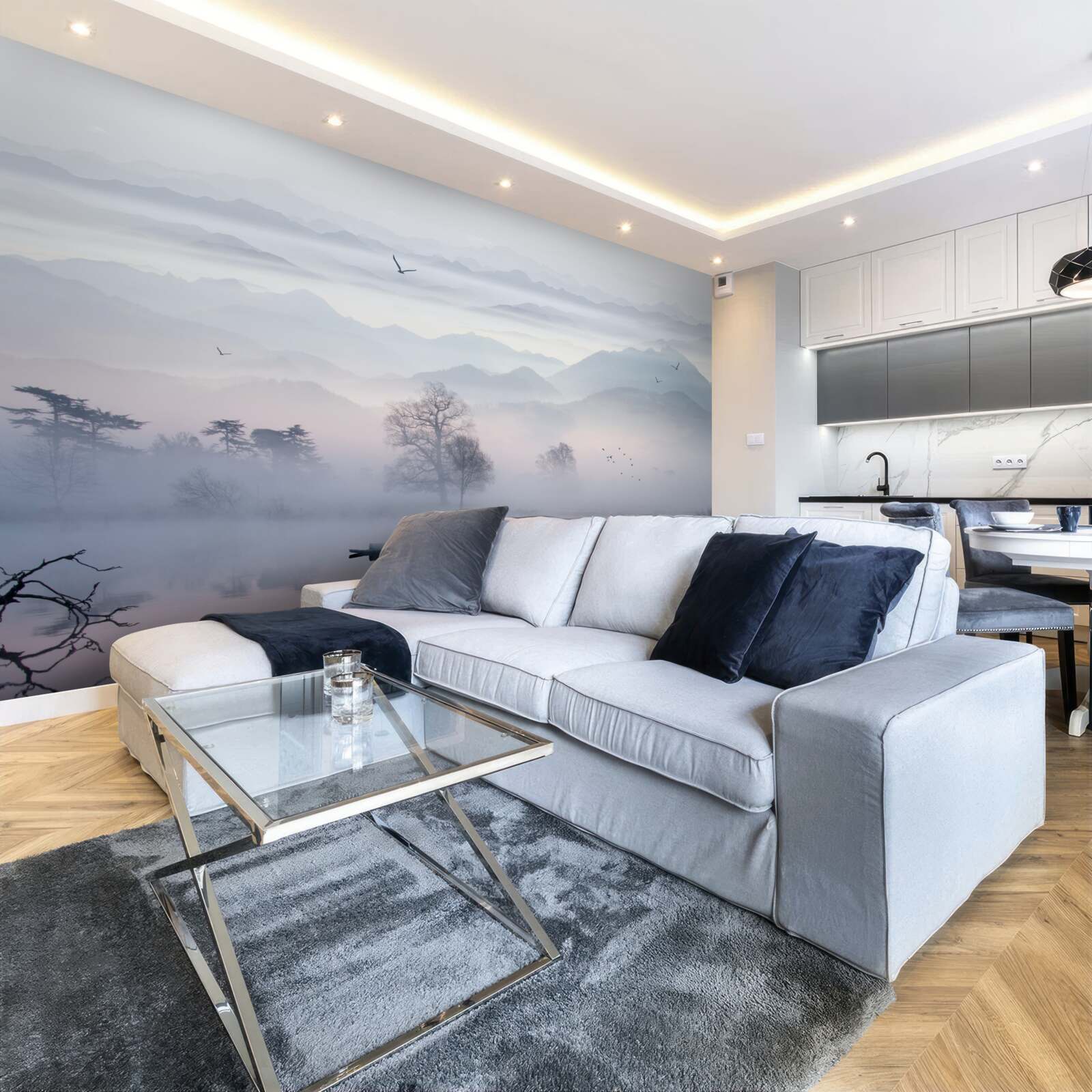 Fotobehang ochtendnevel over het water van het meer