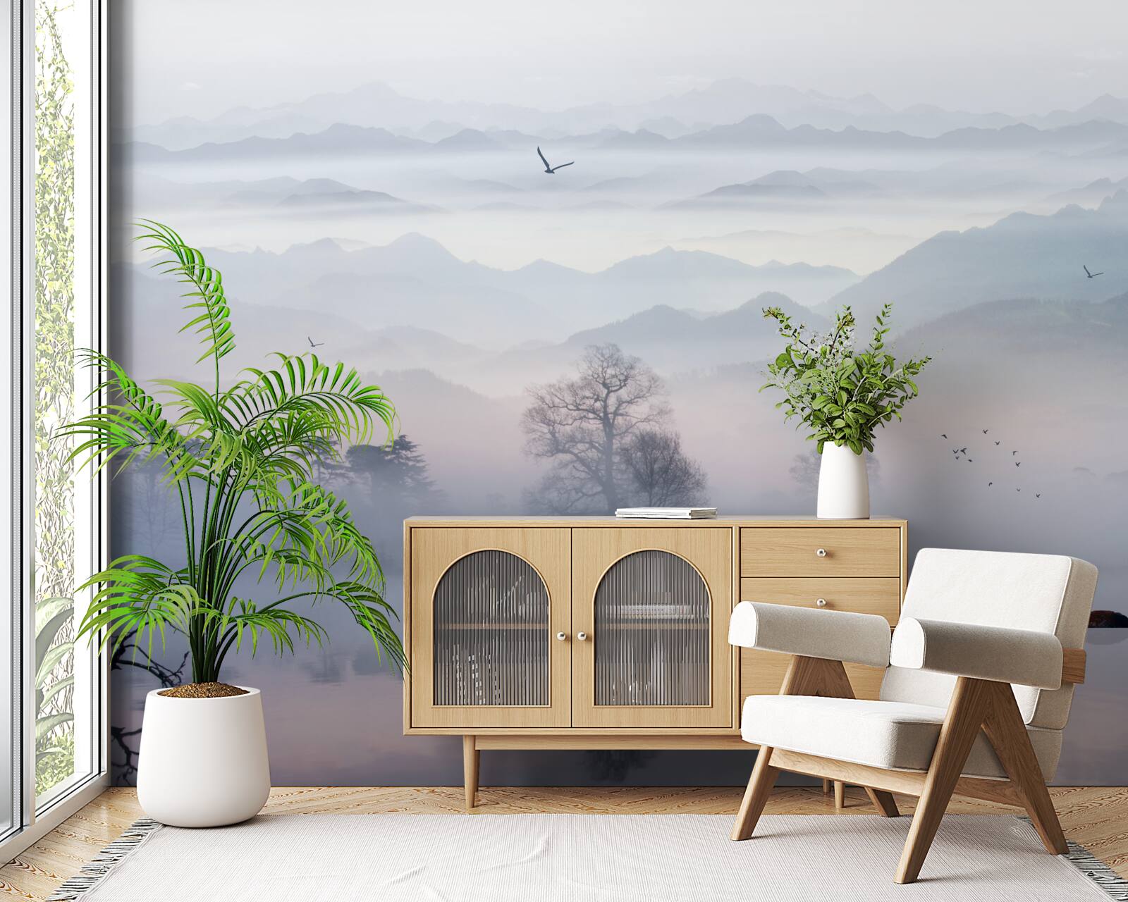 Fotobehang ochtendnevel over het water van het meer