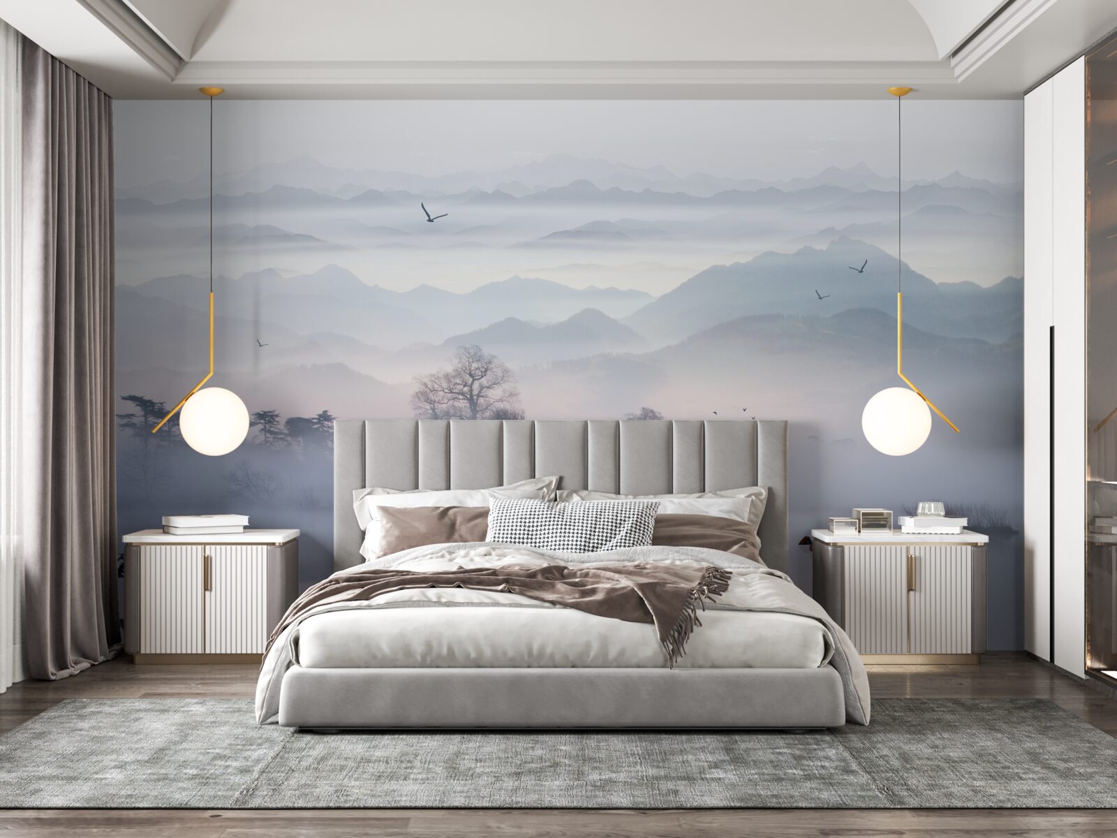 Fotobehang ochtendnevel over het water van het meer