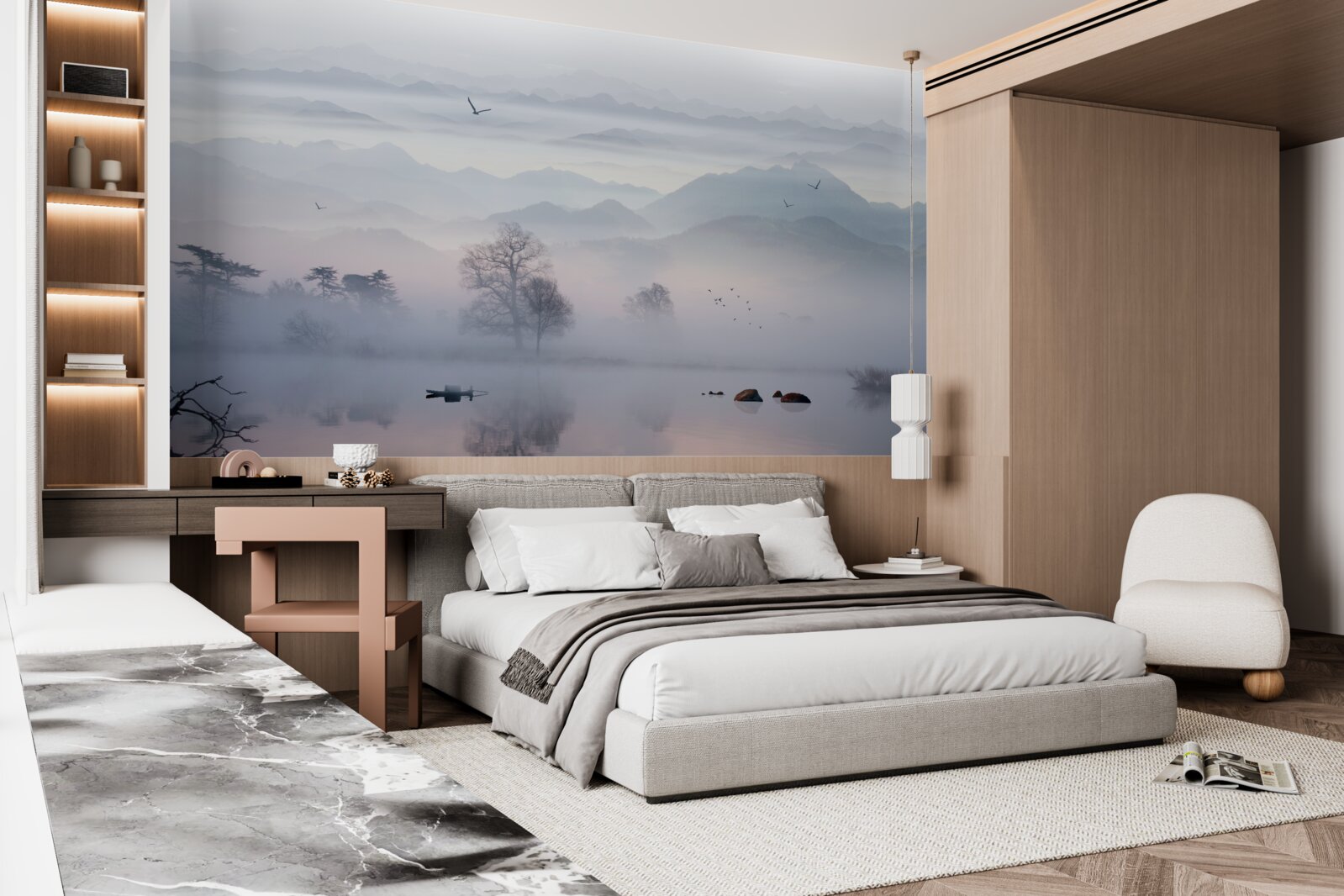 Fotobehang ochtendnevel over het water van het meer