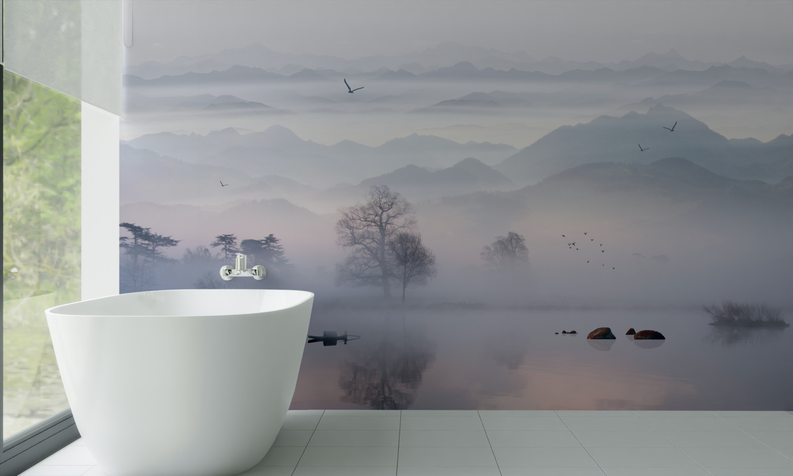 Fotobehang ochtendnevel over het water van het meer