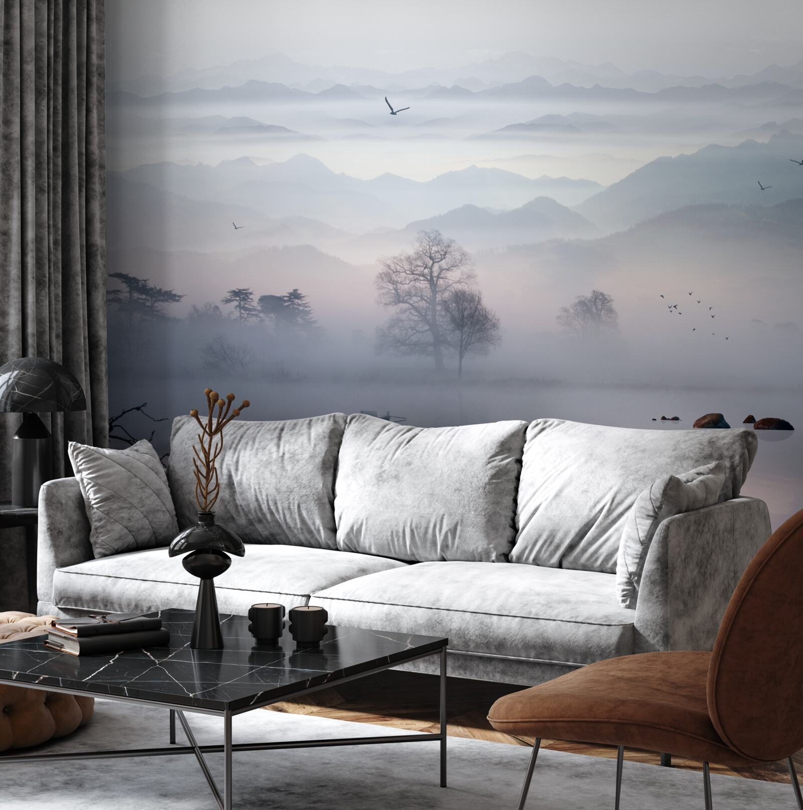 Fotobehang ochtendnevel over het water van het meer