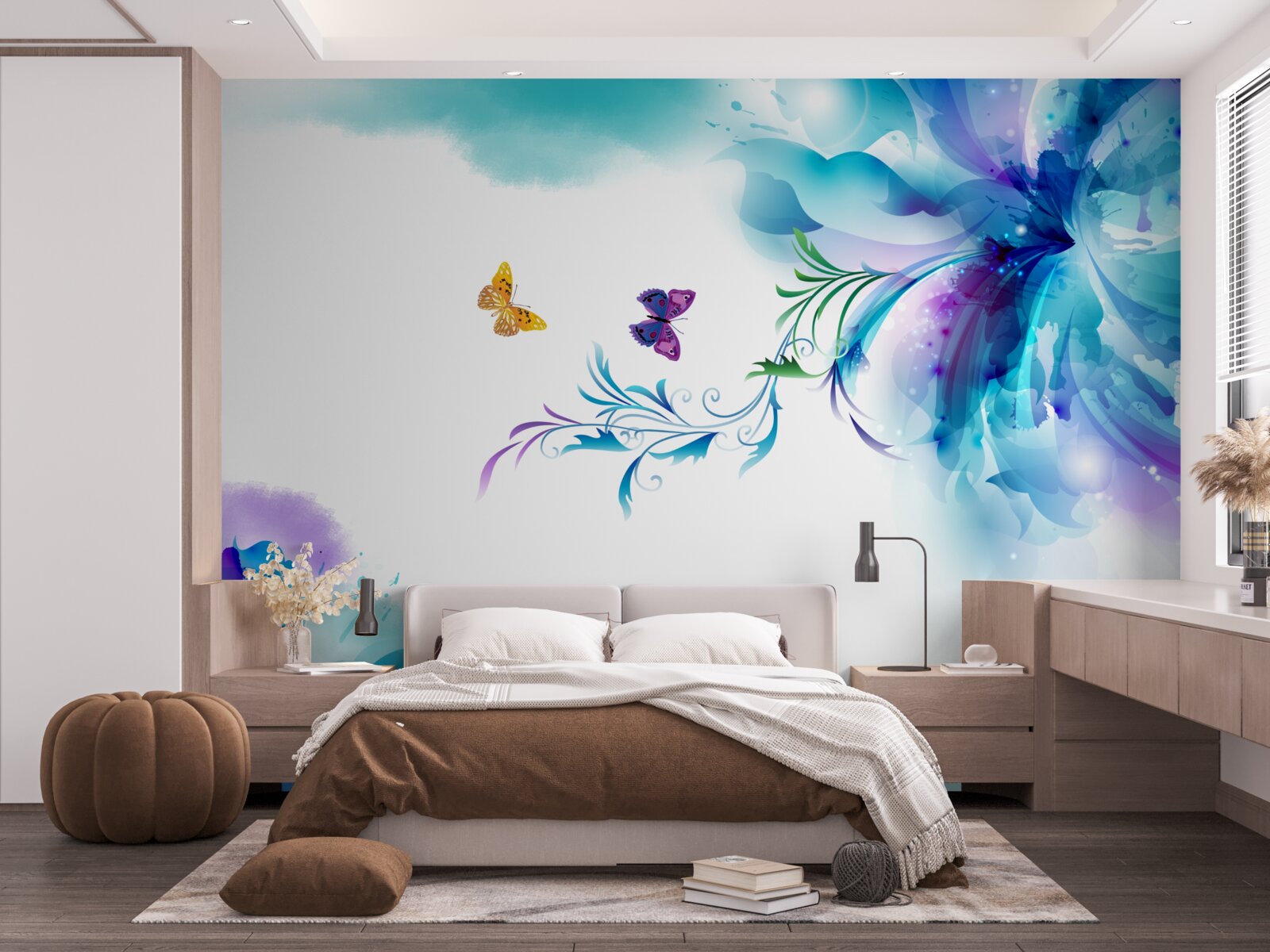 Fotobehang vlinders op een achtergrond van bloemen