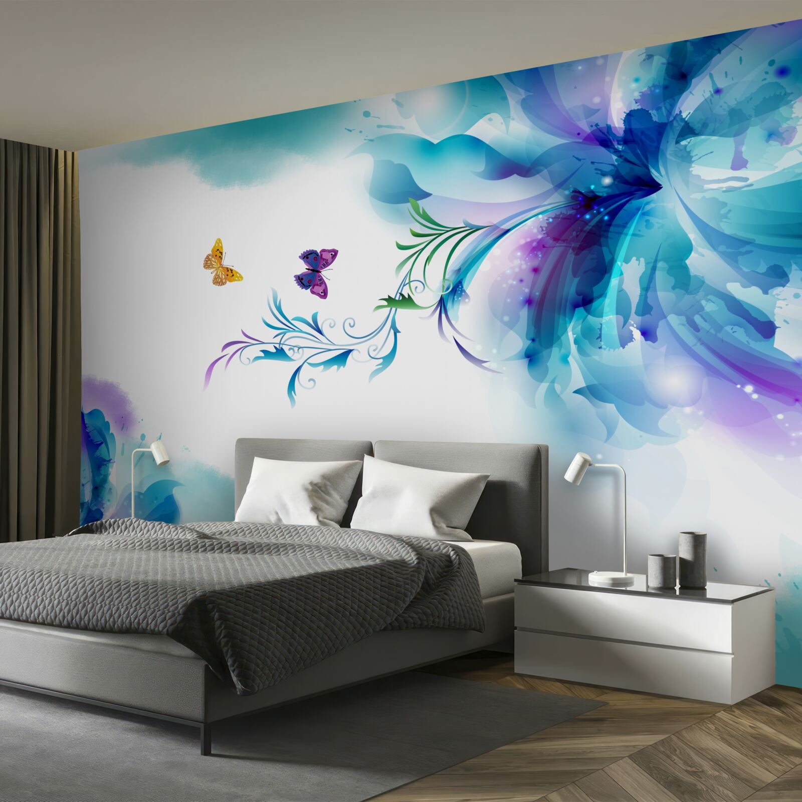 Fotobehang vlinders op een achtergrond van bloemen