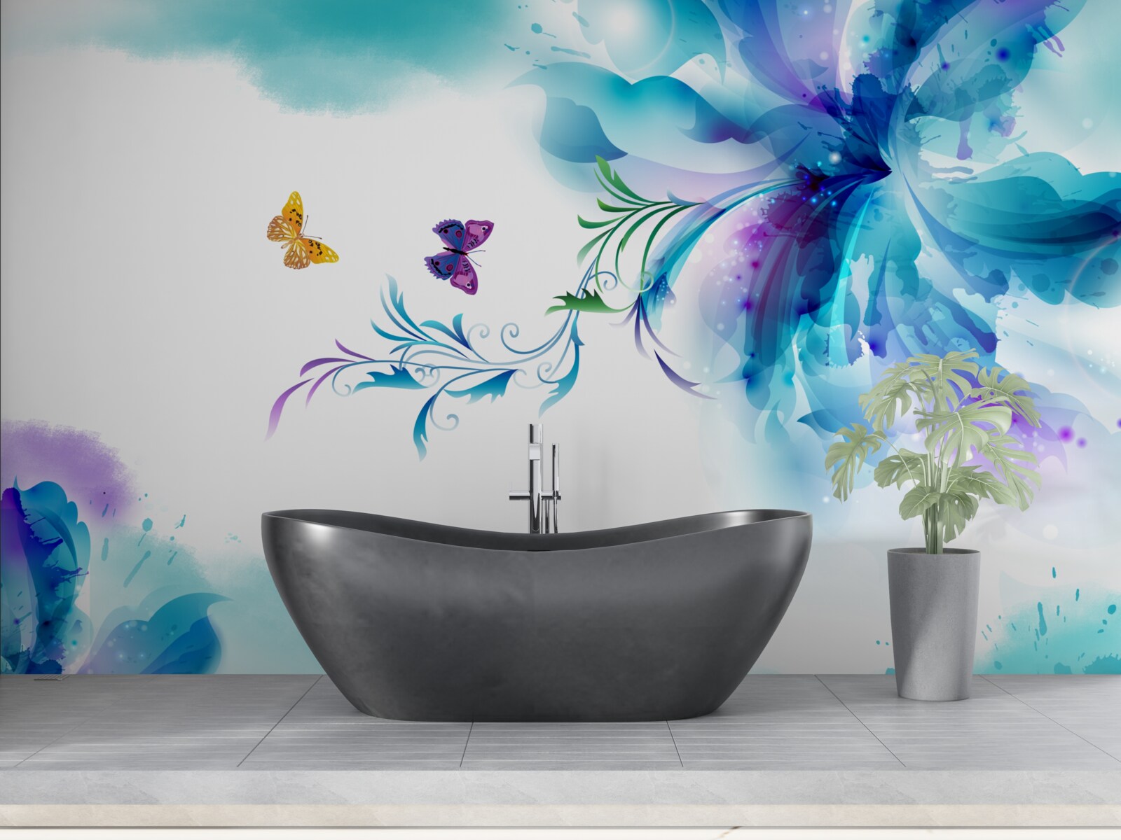 Fotobehang vlinders op een achtergrond van bloemen