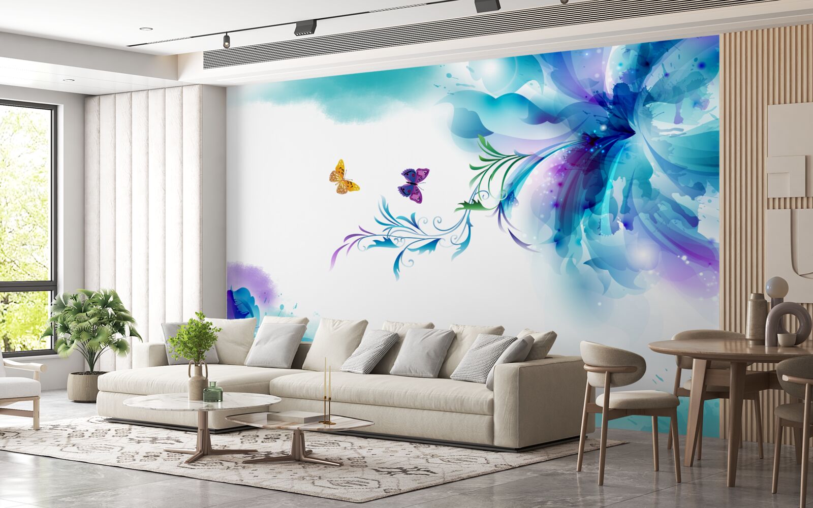 Fotobehang vlinders op een achtergrond van bloemen