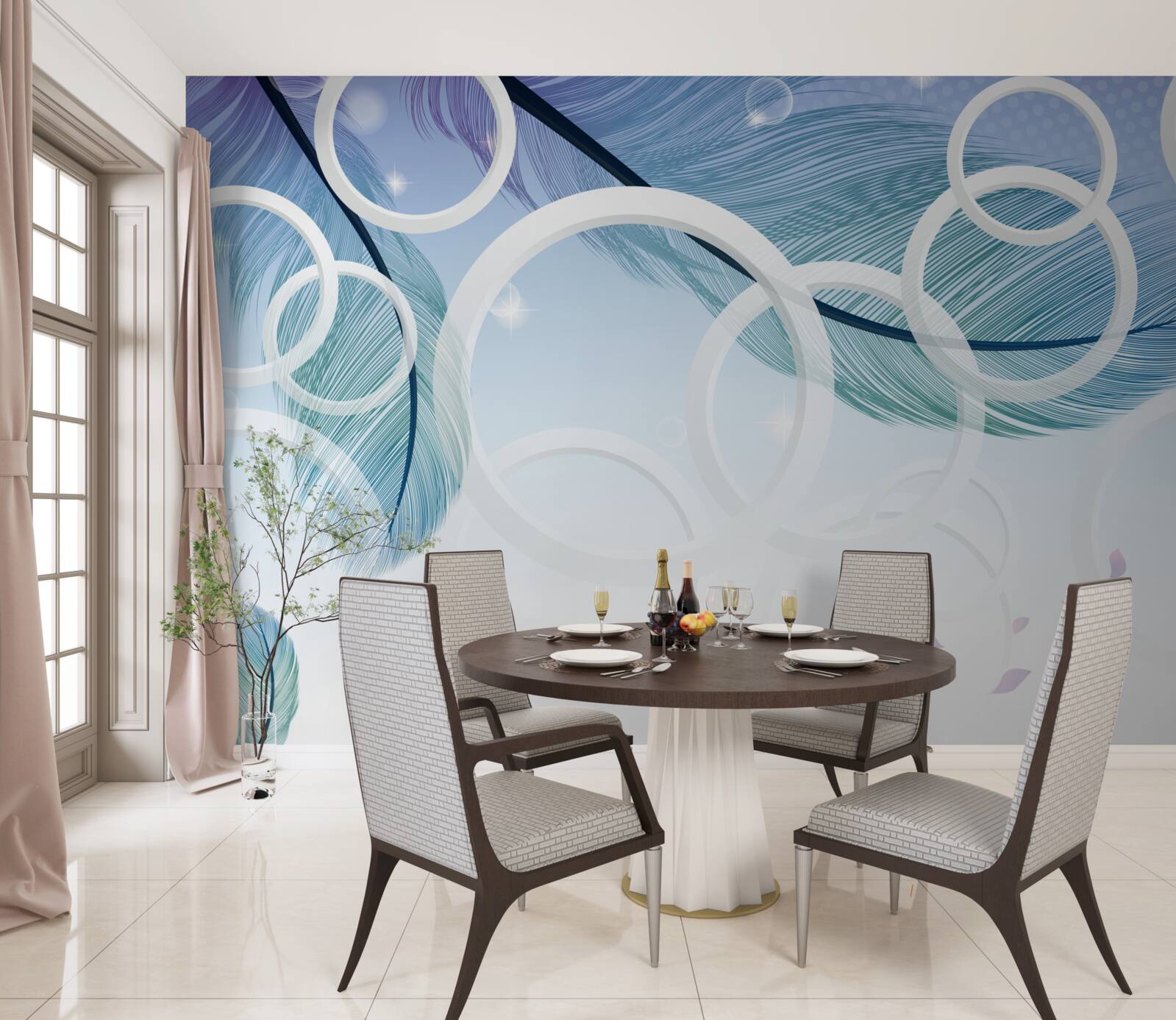 Fotobehang grote witte wielen en veren