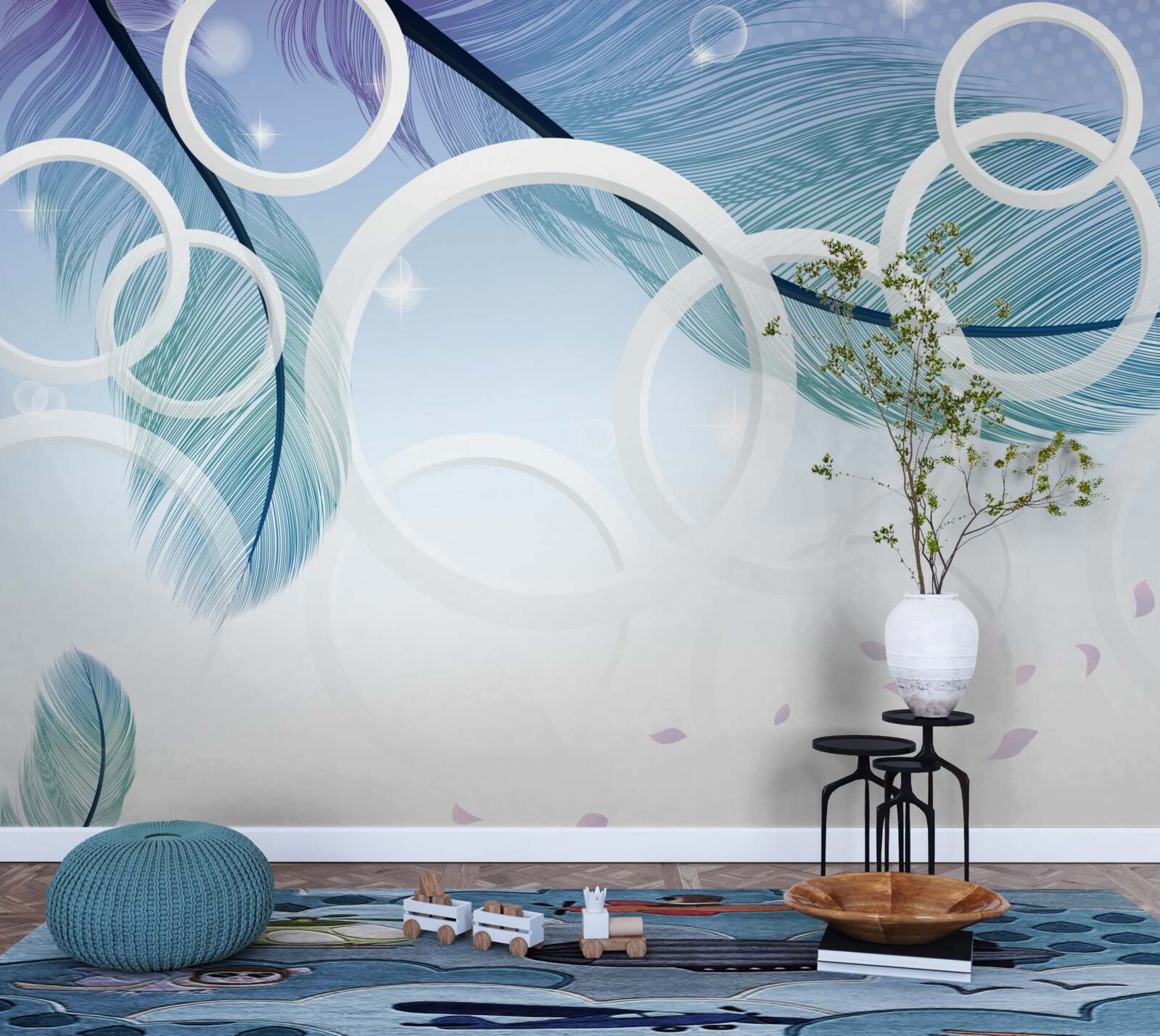 Fotobehang grote witte wielen en veren