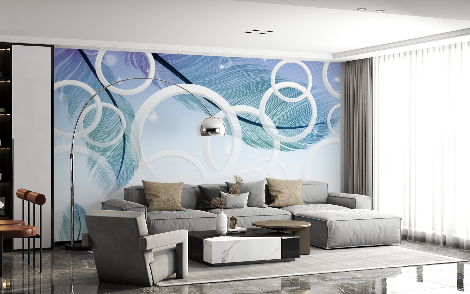 Fotobehang grote witte wielen en veren