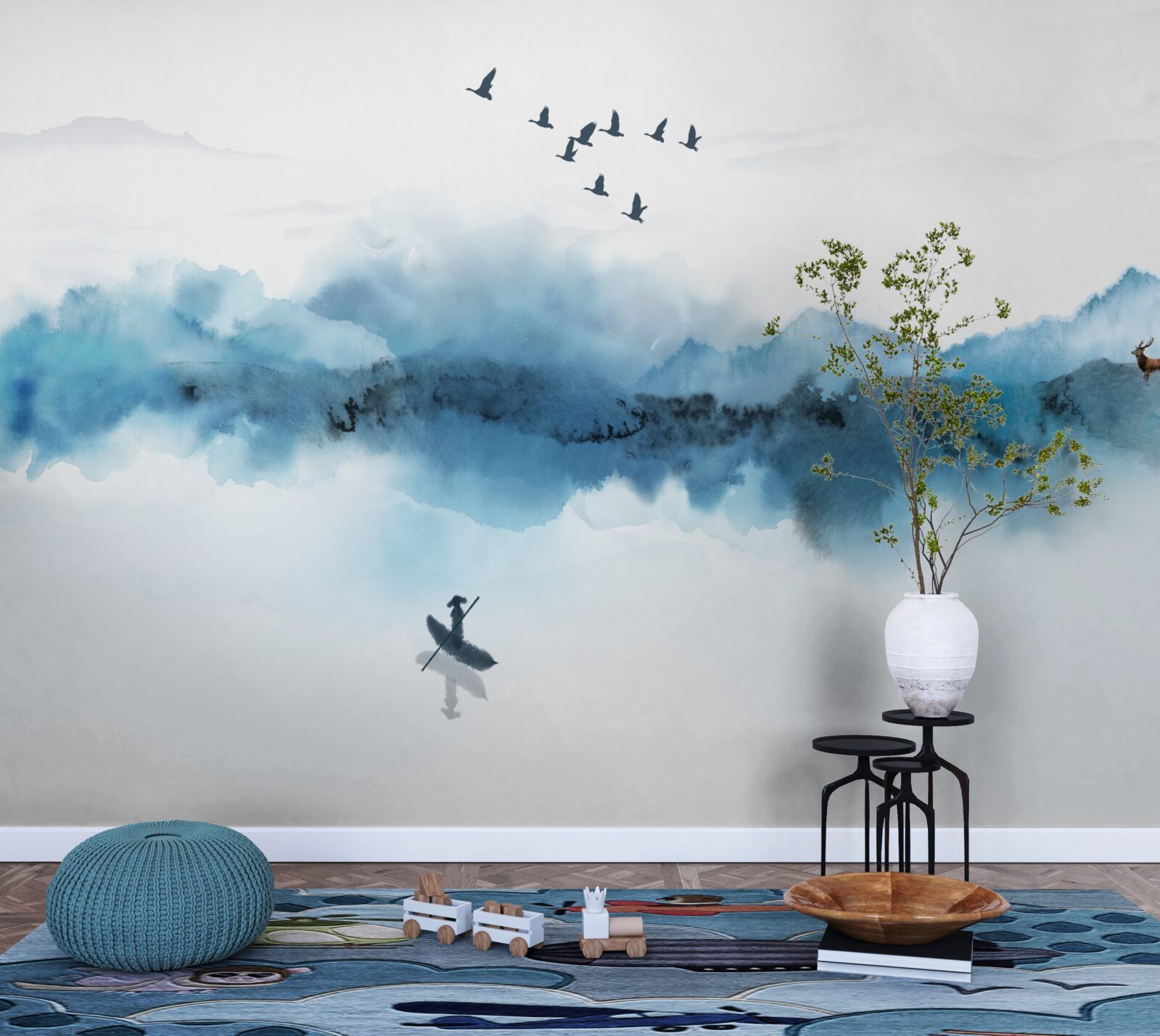 Fotobehang visser gehuld in ochtendmist