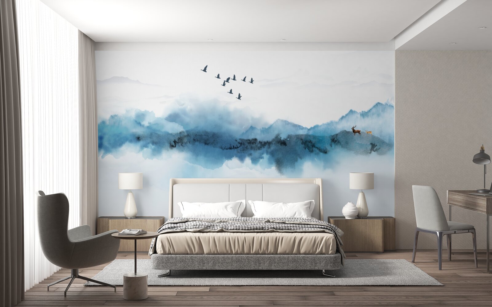 Fotobehang visser gehuld in ochtendmist