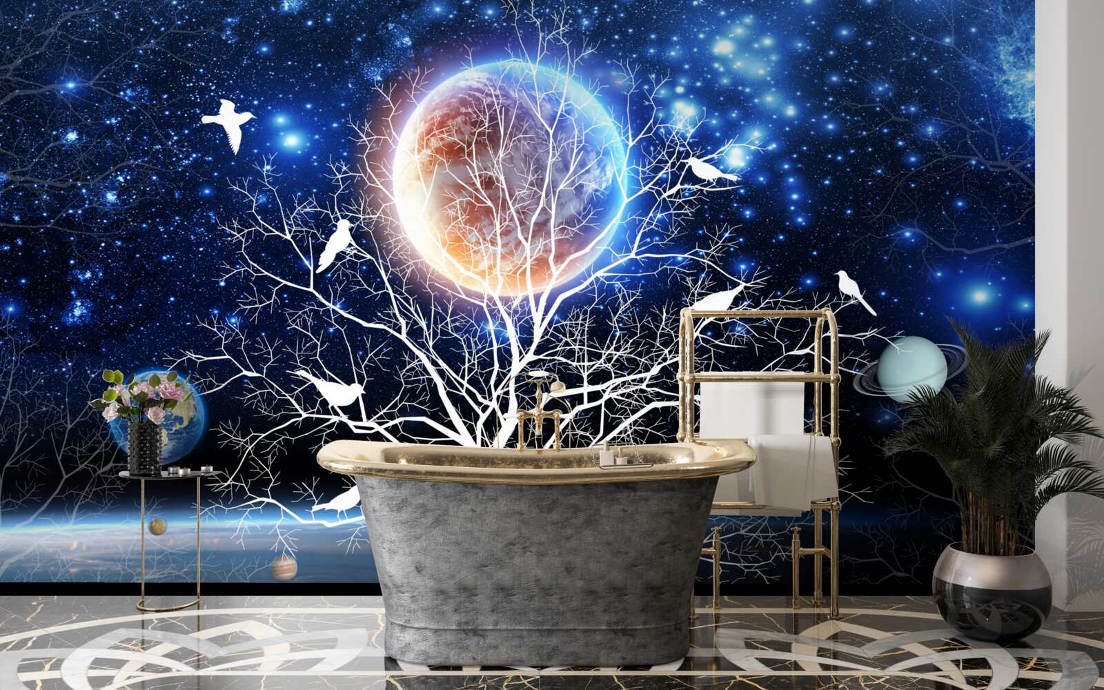 Fotobehang vredesboom tegen een sterrenhemel