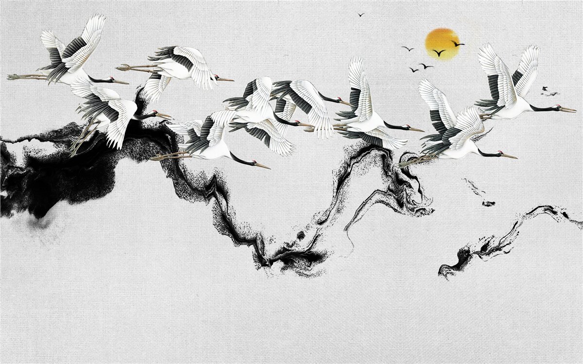 Fotobehang groep japanse kraanvogels glijdend naar de zonsondergang