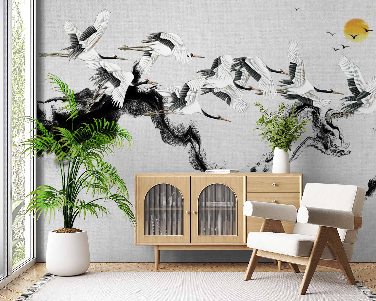 Fotobehang groep japanse kraanvogels glijdend naar de zonsondergang