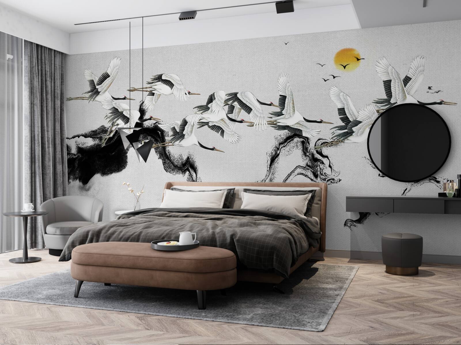 Fotobehang groep japanse kraanvogels glijdend naar de zonsondergang