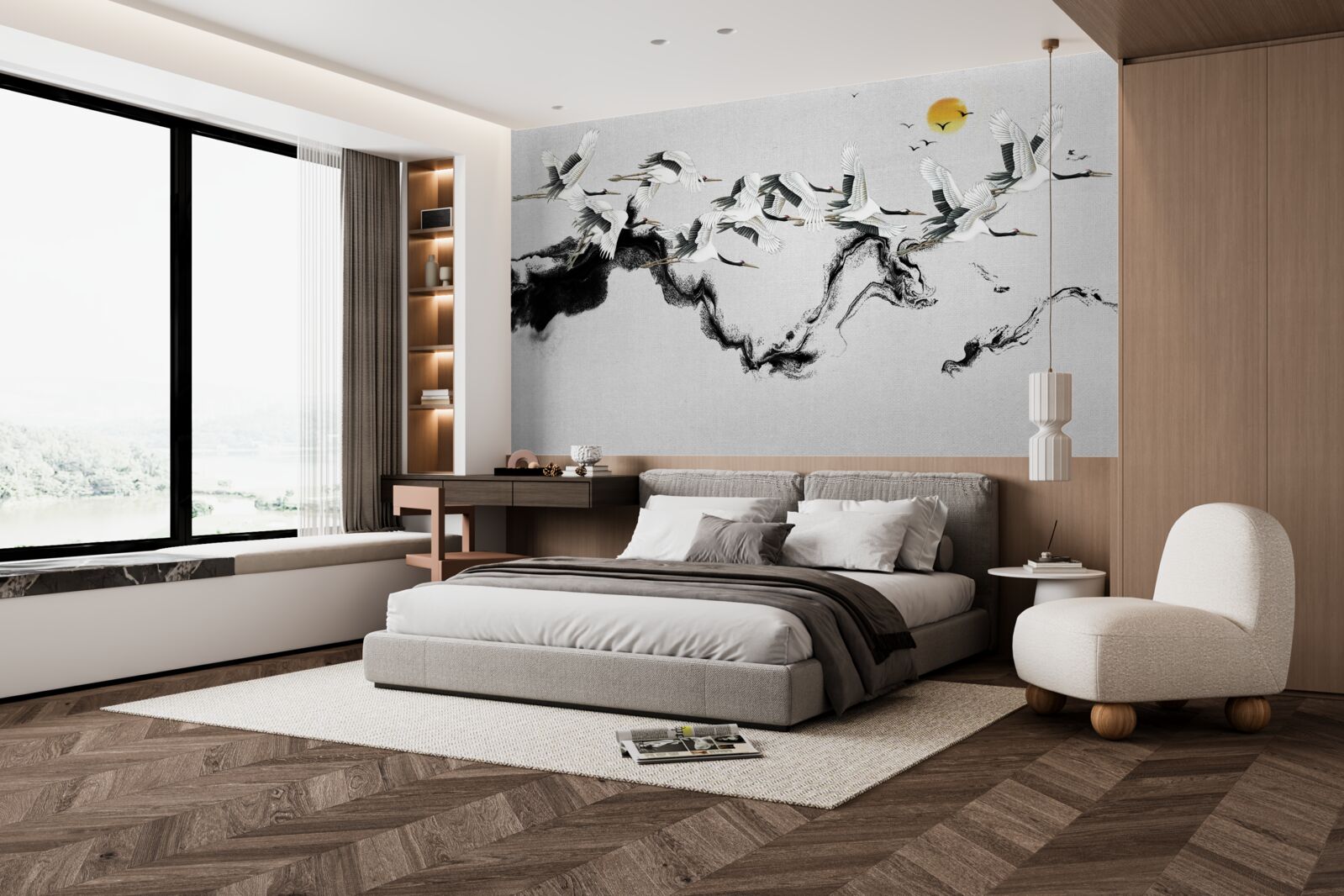 Fotobehang groep japanse kraanvogels glijdend naar de zonsondergang