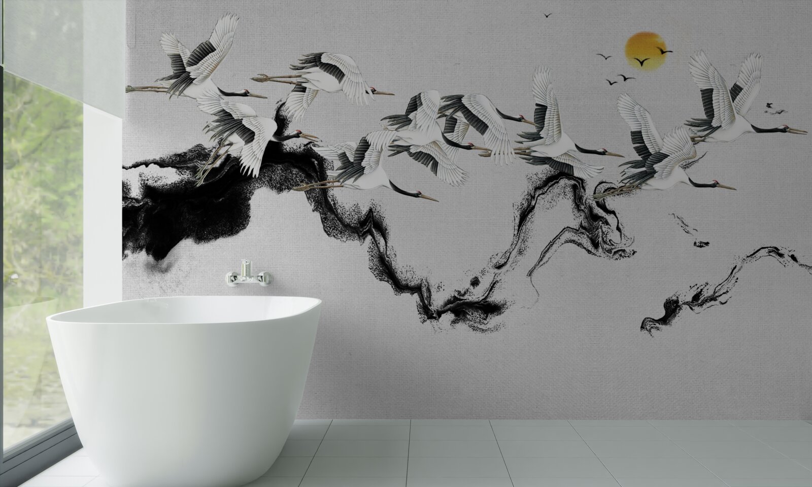 Fotobehang groep japanse kraanvogels glijdend naar de zonsondergang