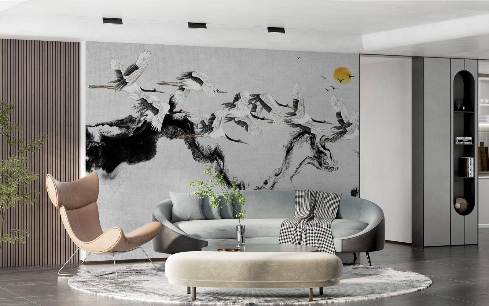 Fotobehang groep japanse kraanvogels glijdend naar de zonsondergang