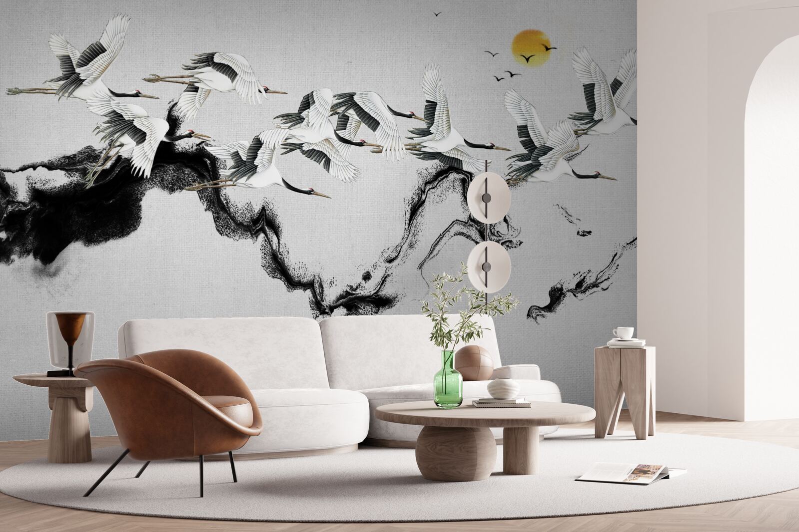 Fotobehang groep japanse kraanvogels glijdend naar de zonsondergang