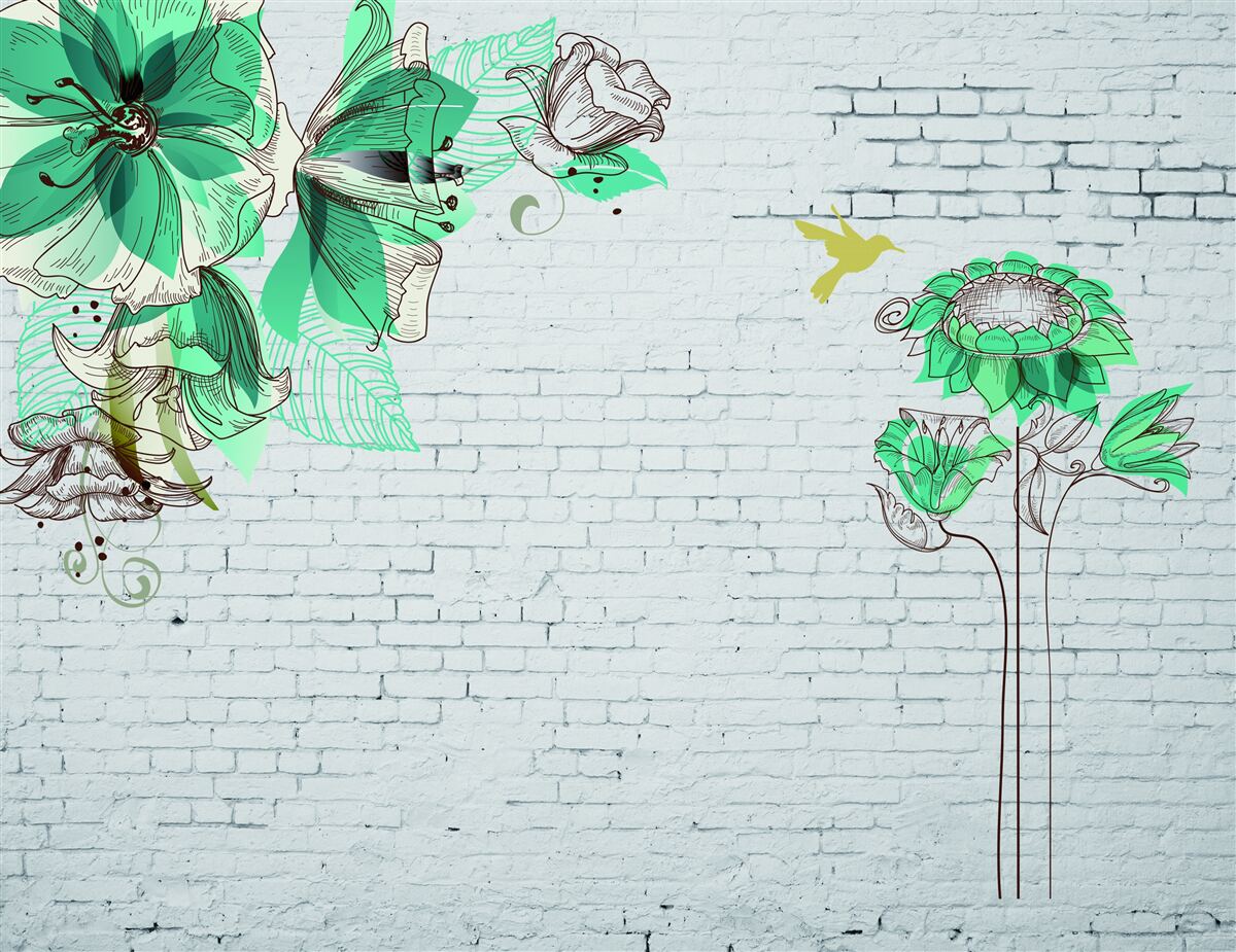 Fotobehang turquoise bloemen op witte bakstenen