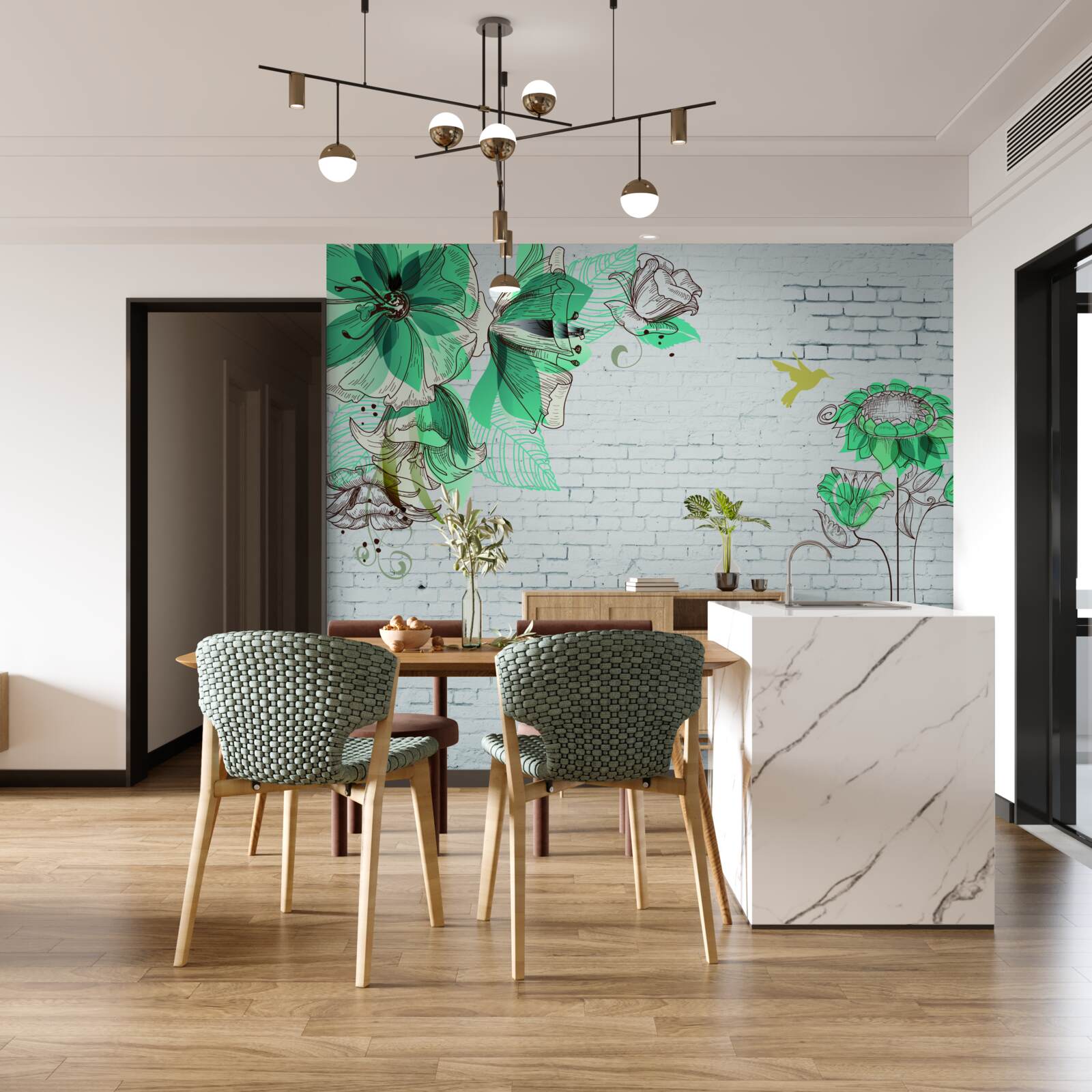 Fotobehang turquoise bloemen op witte bakstenen