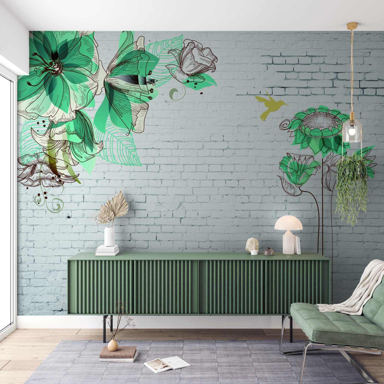 Fotobehang turquoise bloemen op witte bakstenen