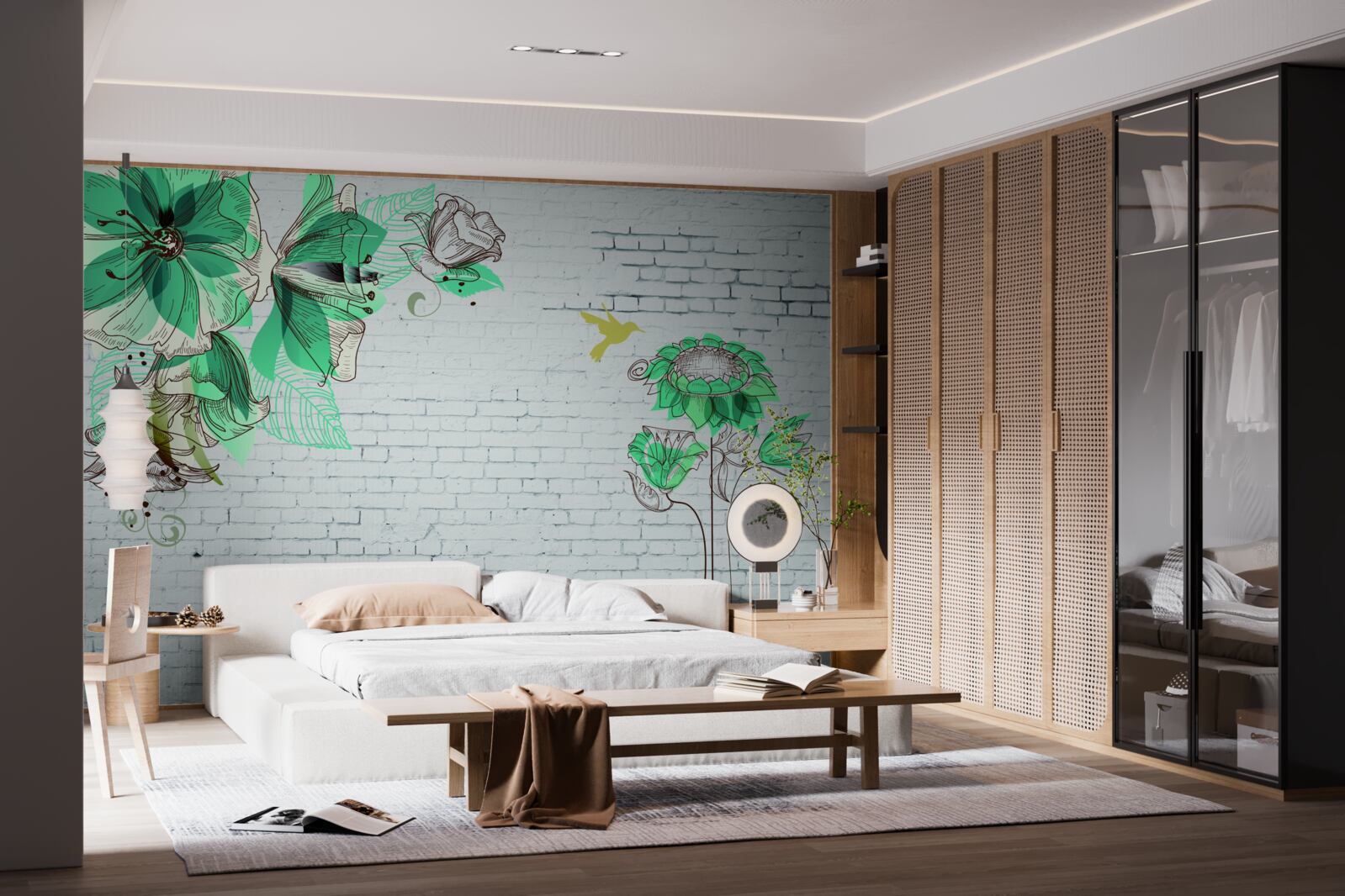 Fotobehang turquoise bloemen op witte bakstenen