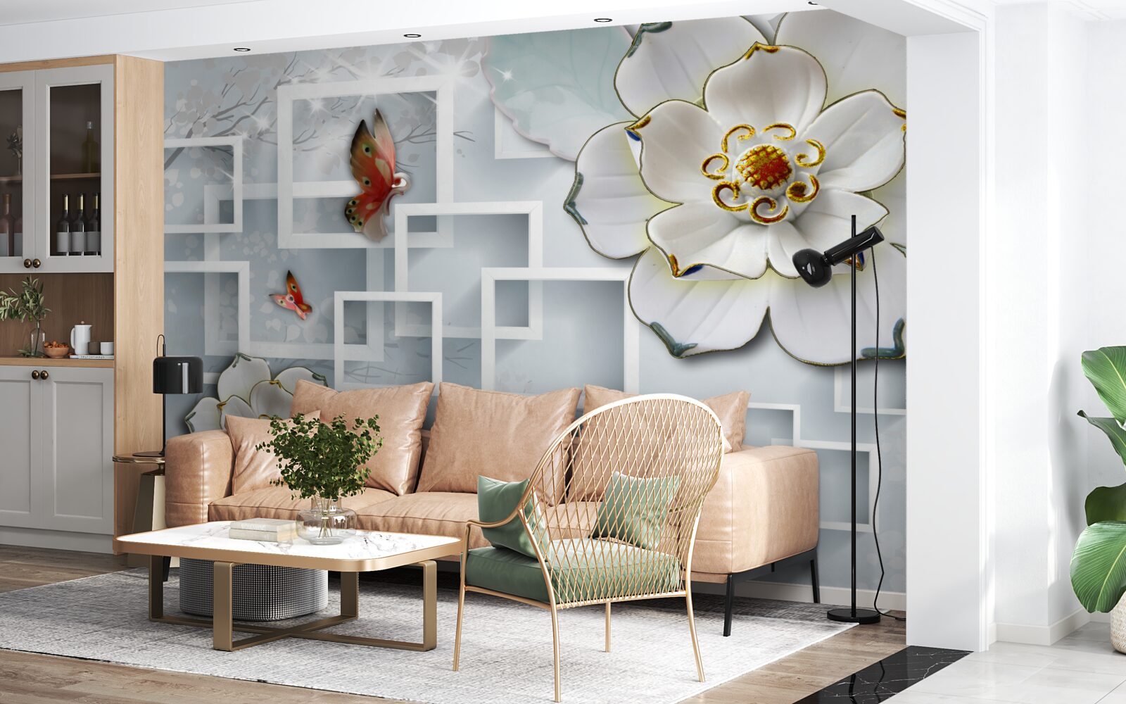 Fotobehang geometrische vormen en witte lotussen