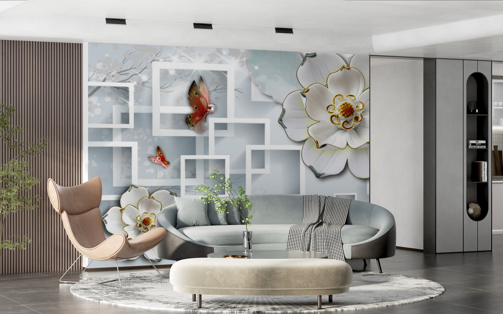 Fotobehang geometrische vormen en witte lotussen