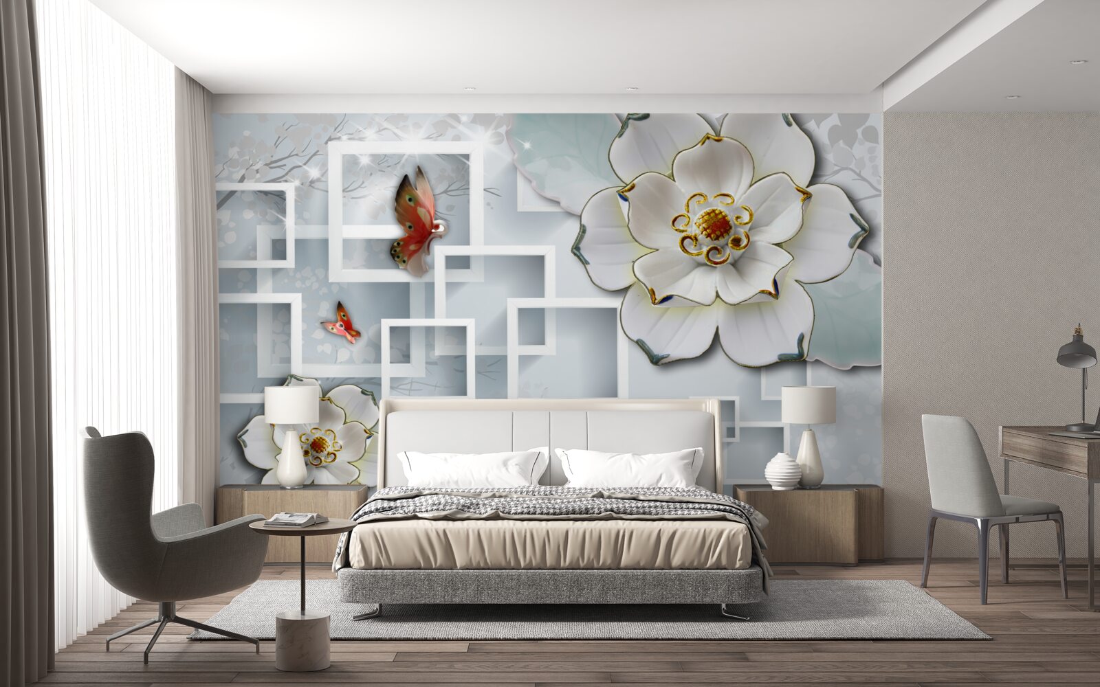 Fotobehang geometrische vormen en witte lotussen