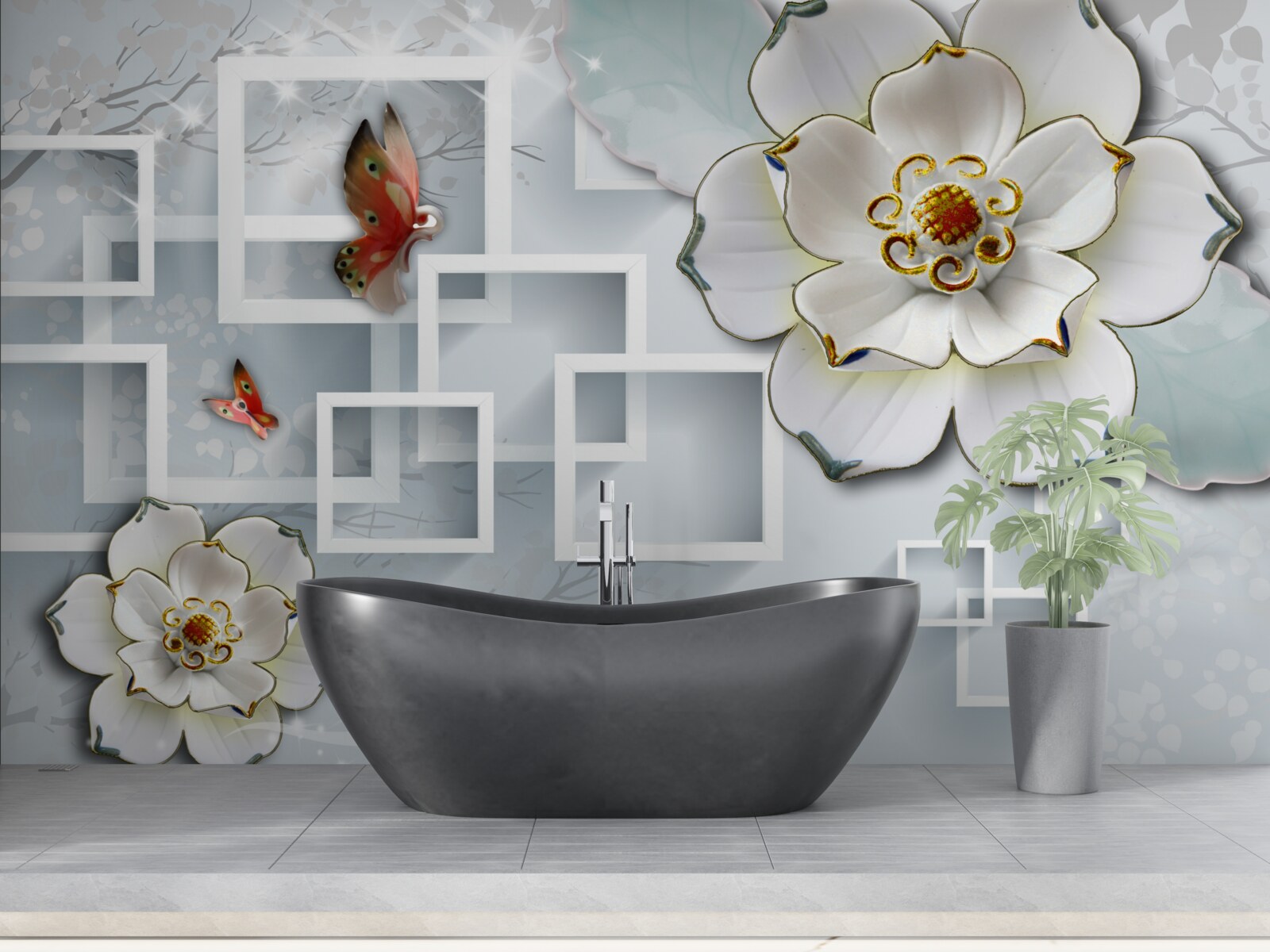 Fotobehang geometrische vormen en witte lotussen