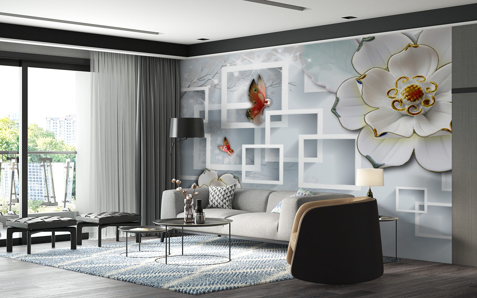 Fotobehang geometrische vormen en witte lotussen