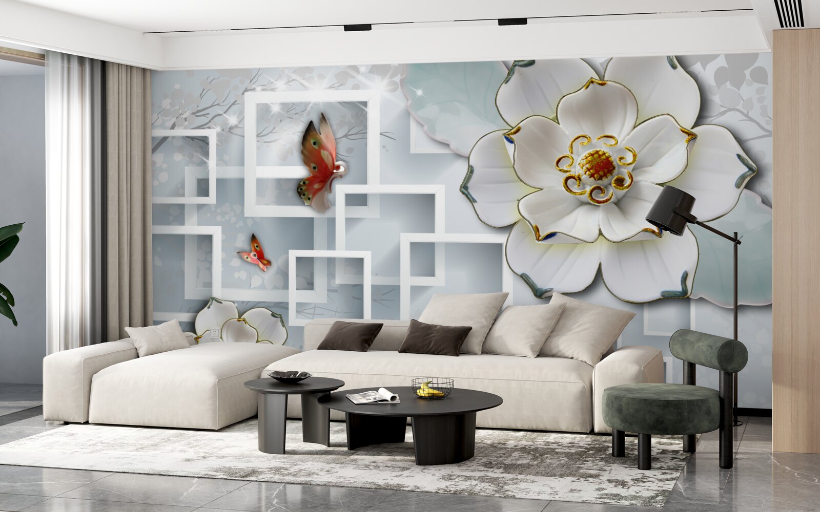 Fotobehang geometrische vormen en witte lotussen