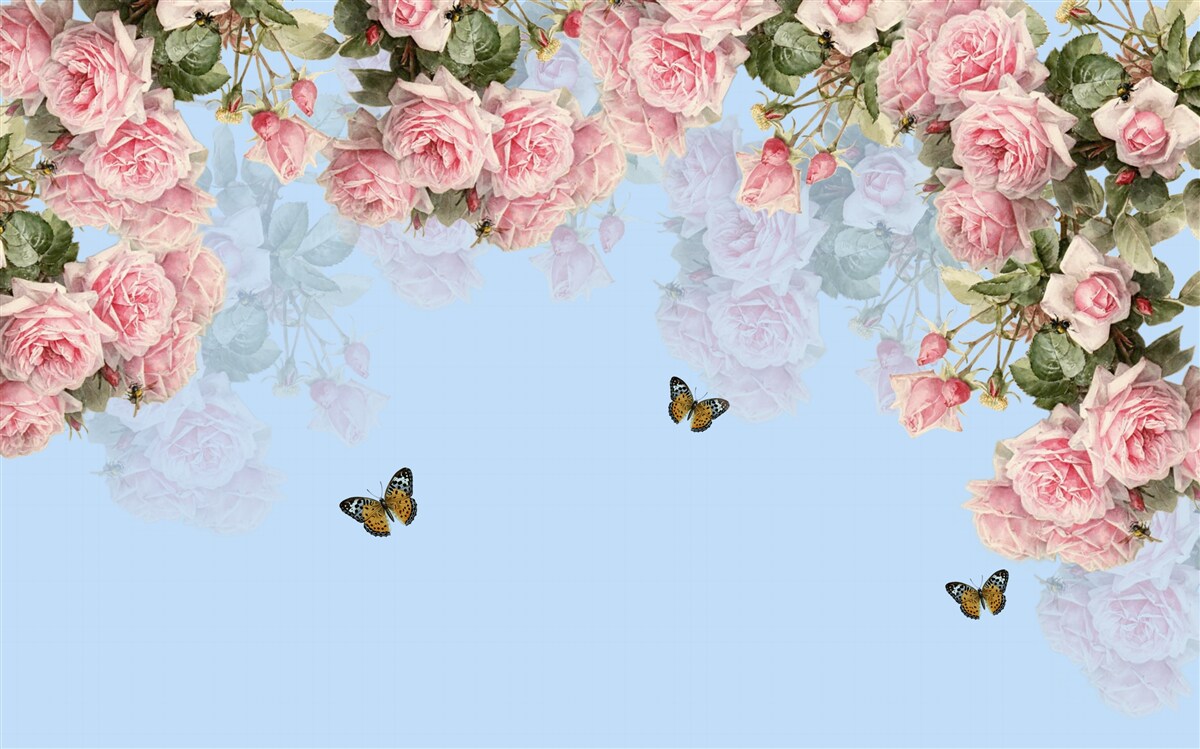 Fotobehang roze rozen op blauwe achtergrond