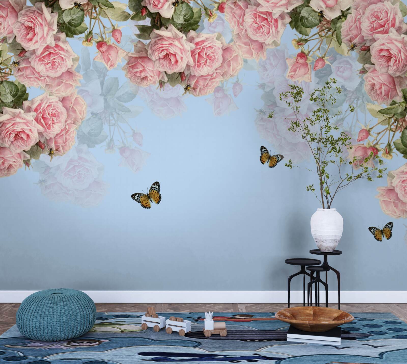 Fotobehang roze rozen op blauwe achtergrond