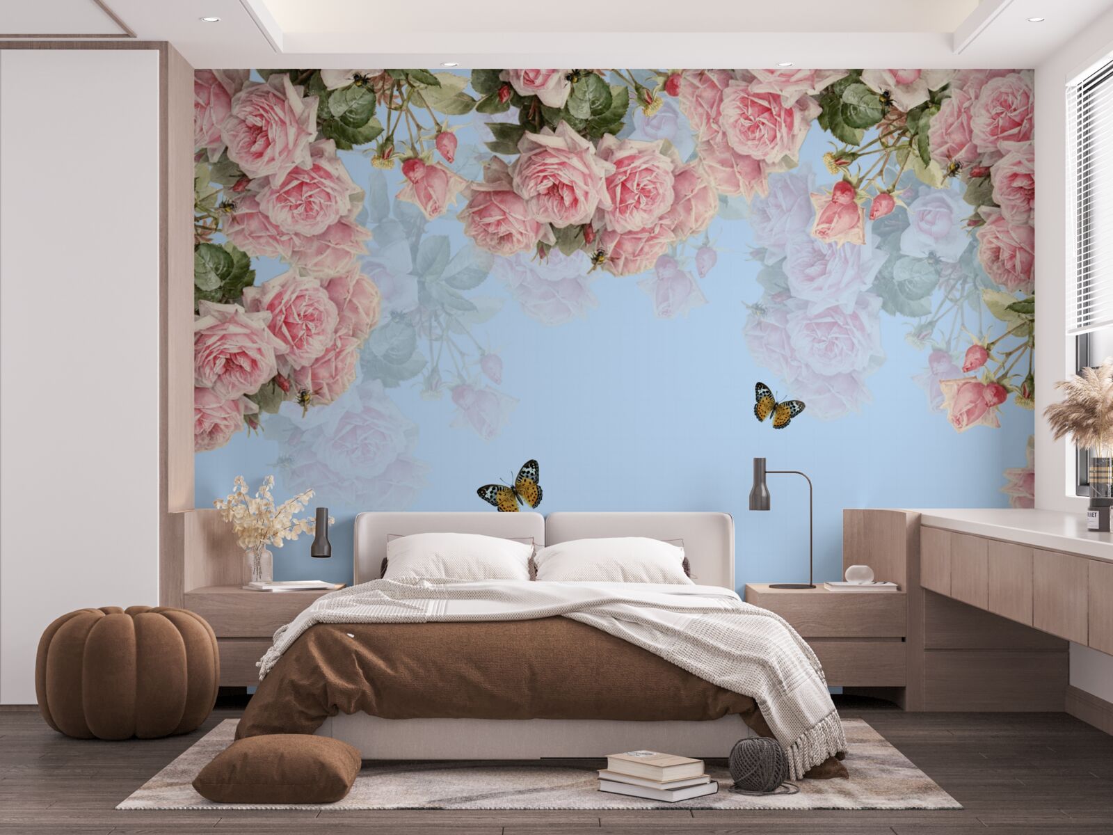 Fotobehang roze rozen op blauwe achtergrond