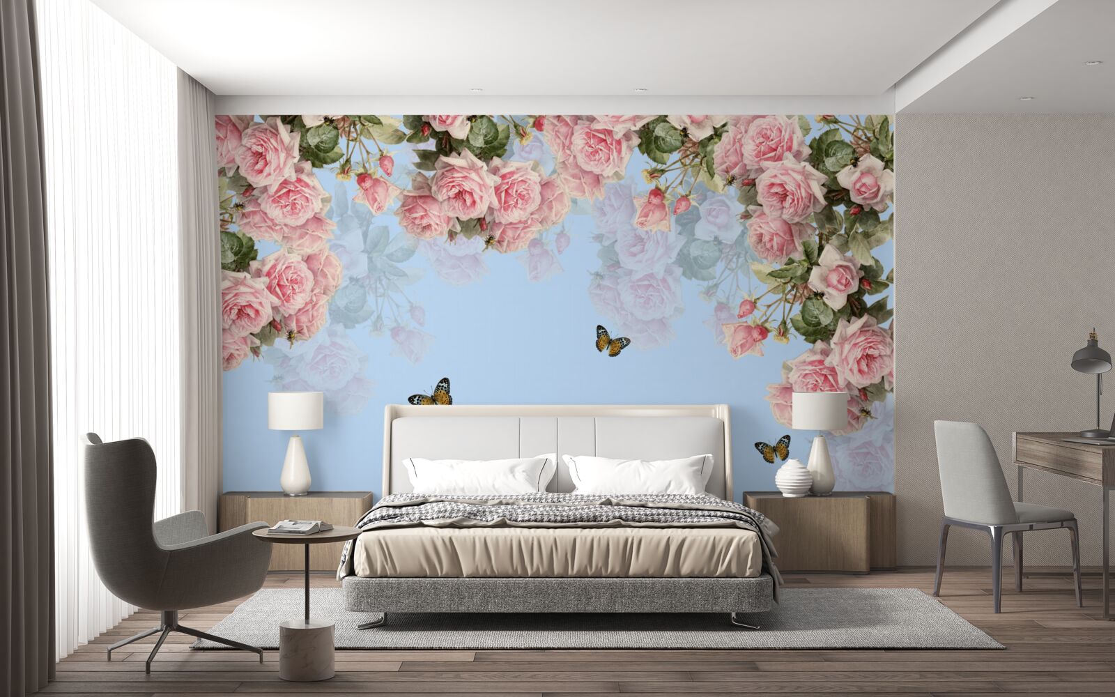 Fotobehang roze rozen op blauwe achtergrond