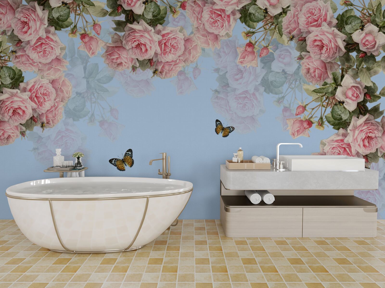 Fotobehang roze rozen op blauwe achtergrond