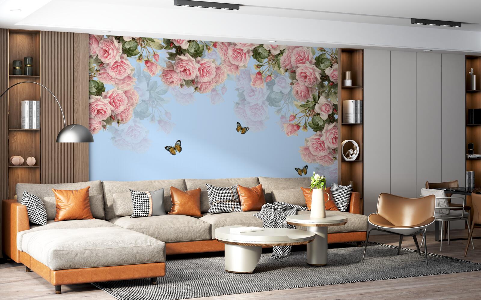 Fotobehang roze rozen op blauwe achtergrond