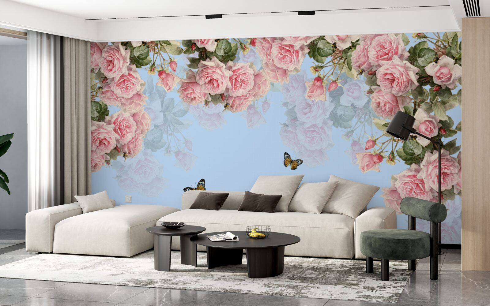 Fotobehang roze rozen op blauwe achtergrond