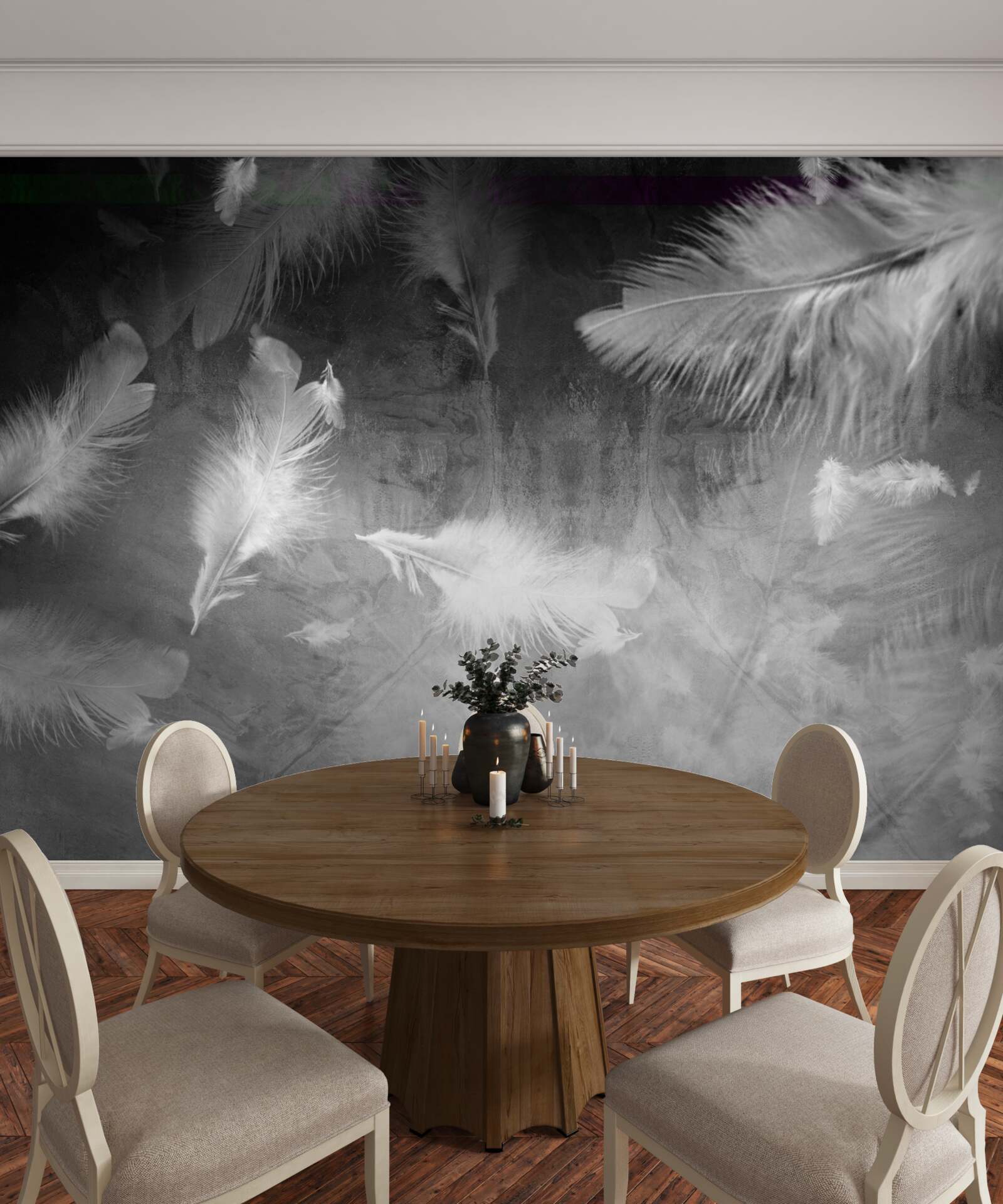 Fotobehang de grijze achtergrond is versierd met witte veren